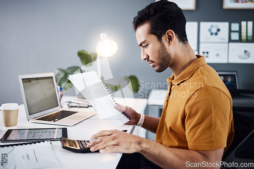 Image of Documents, calculator and business man reading financial accounting paperwork, budget funding or finance assessment. Bookkeeping administration, calculating and male accountant review banking numbers