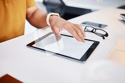 Image of Tablet mockup, screen and man hands working on advertising copy space, system development or brand promotion. UI software, logo mock up or business person typing web search, online review or research