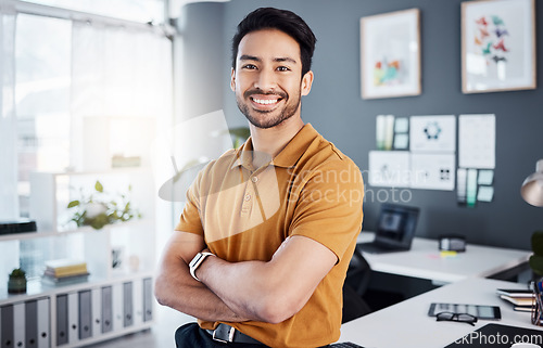 Image of Office portrait, arms crossed and business man, worker or happy for career, job agency or work satisfaction. Professional, pride and Asian person with startup happiness, entrepreneurship or success