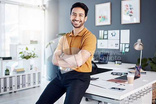 Image of Office portrait, arms crossed and happy man, agent or consultant smile for career, job or workplace satisfaction. Business, professional or relax Asian person with happiness, commitment or confidence