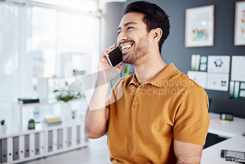 Image of Office phone call, happy or business man talking, speaking on networking conversation with communication contact. Professional, happiness or consulting person smile on mobile smartphone discussion