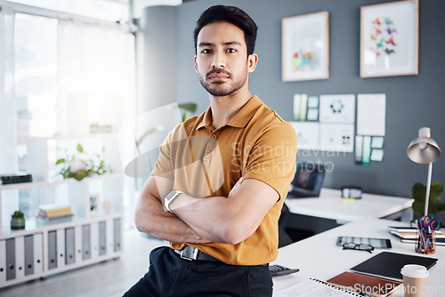 Image of Serious portrait, crossed arms or business man, designer or expert confidence in career, job or professional commitment. Agency pride, service vocation or Asian person with start up entrepreneurship