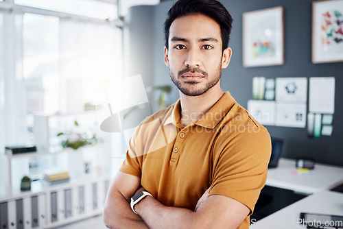 Image of Manager portrait, crossed arms and serious man with office career focus, commitment or mission. Professional CEO, creative agency and Asian male designer with pride, entrepreneurship or confidence