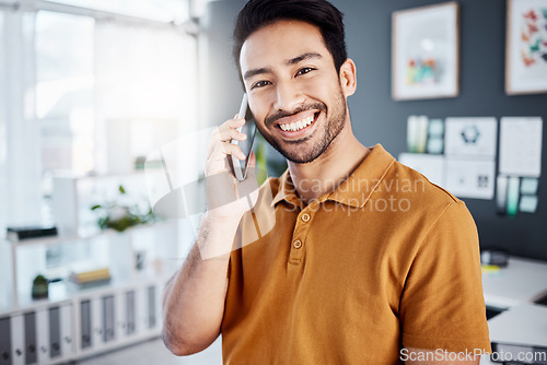 Image of Office phone call, portrait or happy man talking, consulting or networking conversation with business contact. Communication, happiness or speaking Asian person smile on mobile smartphone discussion