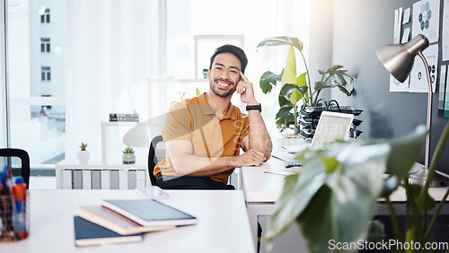 Image of Office smile portrait, business and happy man, bookkeeper or consultant relax after accounting work. Leaning on desk, bookkeeping or Asian person satisfaction with happiness, career growth or success