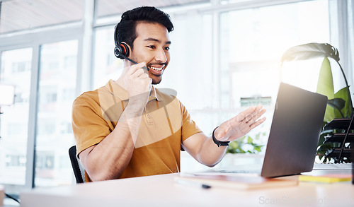 Image of Customer service, laptop and happy business man talking on contact us, telemarketing or online telecom. Communication consultant, tech or Asian person in call center consulting for technical support