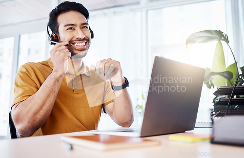 Image of Customer service headset, laptop or happy man talking on contact us CRM, telemarketing or online call center. Communication, technology or Asian consultant in telecom consulting for technical support