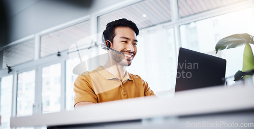 Image of Call center, laptop video call and happy man talking for contact us, communication or ecommerce. Telemarketing sales pitch, e commerce callcenter or male consultant working on online webinar support