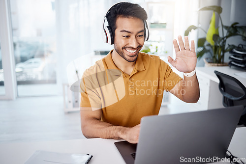 Image of Video call, computer and headphones of man in work from home office for webinar or virtual meeting, online and talking. Happy Asian person waves hello on his laptop or pc in client chat for business