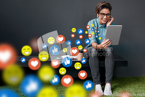 Image of Office, social media icon or happy woman with tablet for communication, texting or online dating chat. Funny, meme or girl on mobile app website or digital network with smile, like or heart emoji