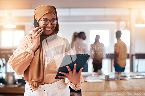 Image of Phone call, tablet and muslim woman in office for happy multitasking, startup business and workflow management. Professional islamic person in hijab with digital technology and online communication