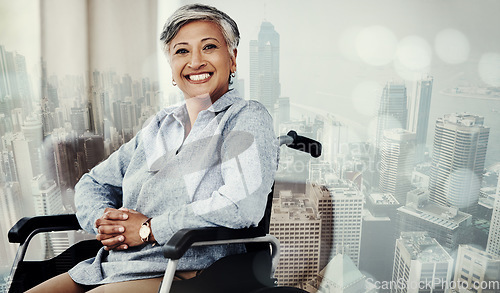 Image of Disability, smile and portrait of old woman in wheelchair for healthcare, retirement and rehabilitation. Happy, medical and life insurance with elderly female for therapy, surgery and healing