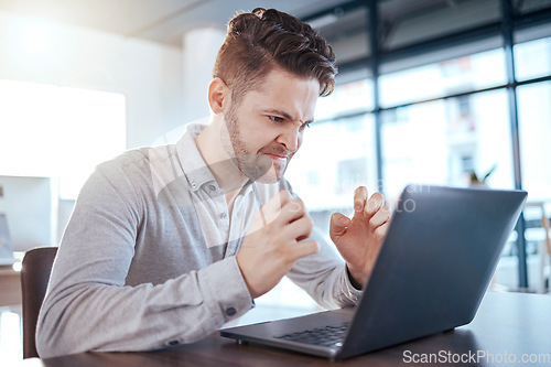 Image of Business man, angry or stress and laptop glitch in office while frustrated with internet or connection. Male entrepreneur with anger, depression and mental health problem or online error or mistake