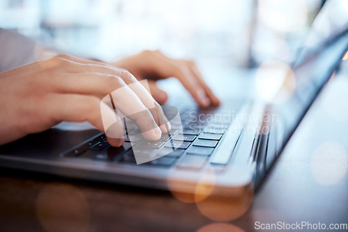 Image of Hands typing, man and laptop on desk with internet research for writing online article for social media news. Remote work, freelance writer and blog, content marketing with hand on computer keyboard.