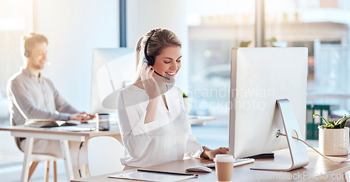 Image of Call center, computer and listening with woman in office for customer service, technical support and advice. Technology, contact us and communication with employee operator in help desk agency