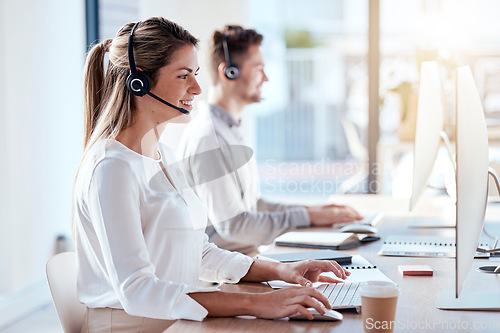 Image of Call center, computer and business with woman in office for customer service, technical support and advice. Technology, contact us and communication with employee operator in help desk agency