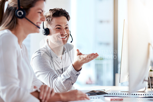 Image of Computer, collaboration and call center with a consultant team working in customer service for support. Teamwork, crm or contact us with a man and woman employee at work in a consulting office