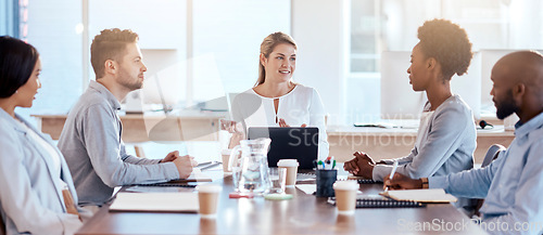 Image of Business people, coaching and meeting in teamwork for planning, strategy or collaboration at office. Corporate woman in leadership talking to staff in team brainstorming or project idea at workplace