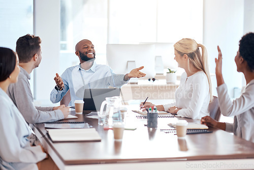 Image of Meeting, question and collaboration with a businessman in the boardroom, talking to his team for planning. Teamwork, training and strategy with a black male employee asking a colleague for input