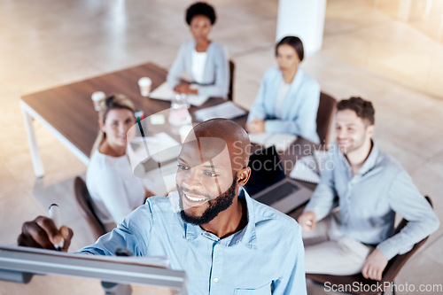 Image of Business black man, writing and board for presentation for business growth, development and seminar. Businessman, african ceo and idea for company goals at conference with employee group in top view