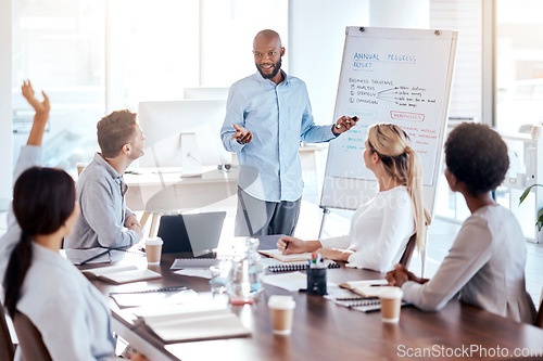 Image of Presentation, coaching and question with a business man in the office, talking to a team about our vision. Meeting, teaching and information with an african american male speaker giving a workshop