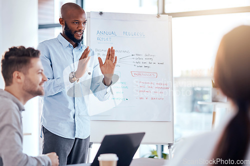 Image of Presentation, coaching and whiteboard with a business man in the office, talking to a team about our vision. Meeting, teaching and information with an african american male speaker giving a workshop