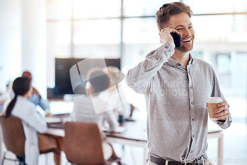 Image of Happy businessman, phone call and meeting in conversation for team communication at the office. Male worker talking with smile on mobile smartphone for corporate discussion in boardroom at workplace