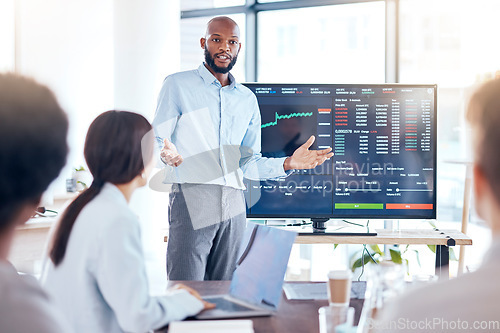 Image of Black man, trader coach and screen with stock market dashboard, business people in meeting for training in trading. Cryptocurrency, finance with stocks information and presentation in conference room