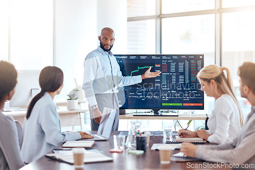 Image of Black man, trading coach and screen with stock market dashboard, meeting with business people and trader training. Cryptocurrency, finance with stocks information and presentation in conference room