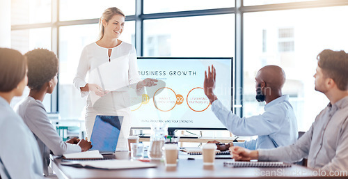 Image of Woman, presentation board and black man with question for business growth, development or team discussion. Female ceo, speech or idea for company mission at conference with employee group in audience