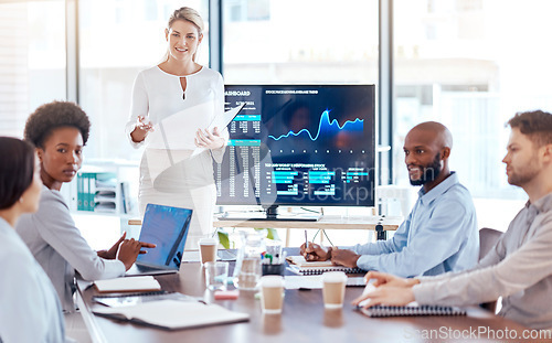 Image of Woman, trader coach and screen with stock market dashboard, business people in meeting for training in trading. Cryptocurrency, finance with stocks information and presentation in conference room