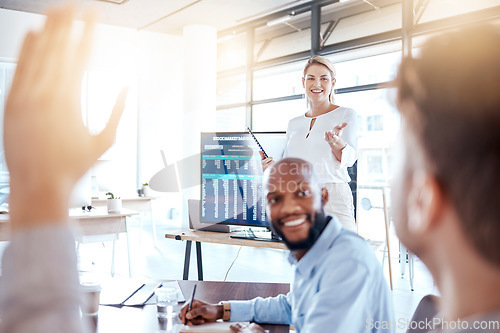 Image of Business people, presentation and meeting with question for idea strategy or team collaboration at office. Woman coaching staff with raised hand for teamwork or brainstorming interaction at workplace