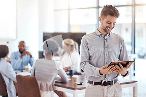 Image of Happy businessman, tablet and meeting in team management or leadership at the office. Manager or leader of man holding technology for teamwork, collaboration or planning in boardroom at the workplace