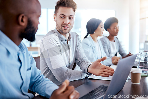 Image of Manager, laptop and mentor helping black man, new worker or intern with project management, explain or leader managing. Computer, coaching and business people training in office, learning or teaching