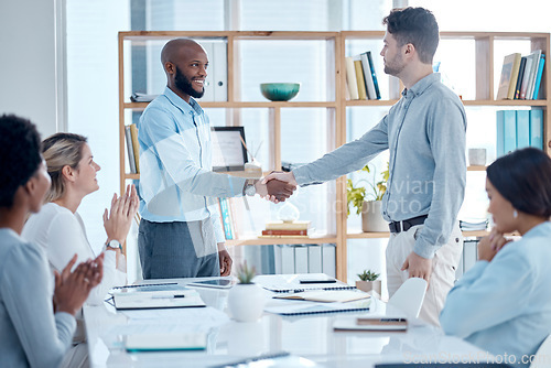 Image of Business people, applause and handshake for partnership, deal or collaboration. Welcome, clapping and group of employees shaking hands for agreement, b2b or congratulations, opportunity and meeting.