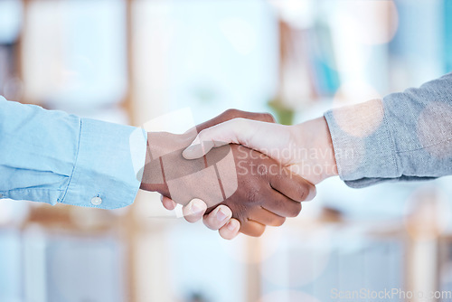 Image of Handshake, partnership and agreement between business people with team, collaboration and onboarding. Recruitment, hiring and success in deal or contract, support and solidarity while shaking hands