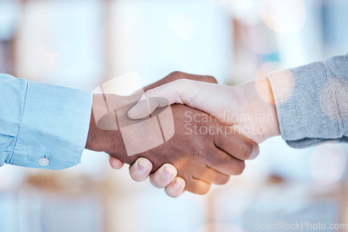 Image of Shaking hands, partnership and agreement between business people with team, collaboration and onboarding. Recruitment, hiring and success in deal or contract, support and solidarity with handshake