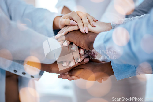 Image of Business people, hands stack and solidarity for teamwork, team building or trust. Collaboration, huddle and group or staff of men and women with hand together for motivation, unity and support bokeh.