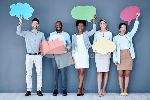 Image of Staff group portrait, speech bubble and smile in office for social media, diversity or opinion by wall. Businessman, women and cloud poster for vote, recruitment or mockup with teamwork, idea or news