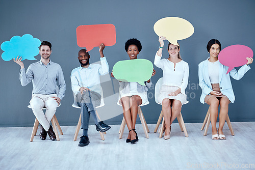Image of Employee group portrait, speech bubble and sitting in office for social media, diversity or opinion by wall. Businessman, women and chair for vote, recruitment or mockup on cloud poster, idea or news