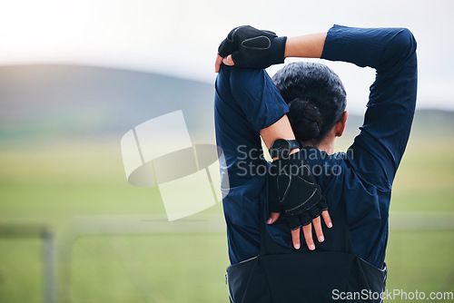 Image of Sports, workout or female stretching arms for outdoor training in mockup race, marathon or competition. Fitness, health and back of a woman athlete runner doing a warm up exercise for nature running