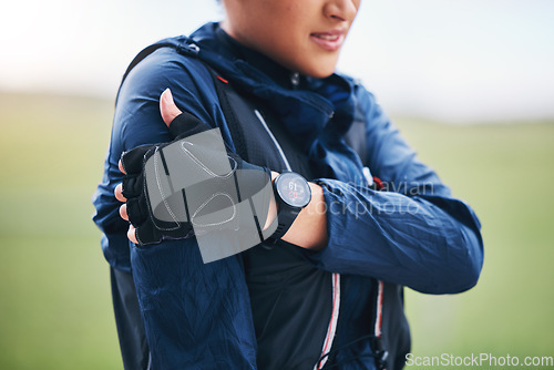 Image of Closeup, fitness and woman outdoor, shoulder pain and muscle tension while training, workout and emergency. Zoom, female athlete and person with inflammation, broken and bruise with medical problem