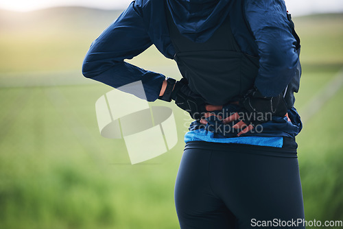 Image of Back pain, fitness and sports woman outdoor with scoliosis, health risk and burnout from marathon. Closeup female athlete, spine injury and joint problem of tired muscle, first aid and emergency care