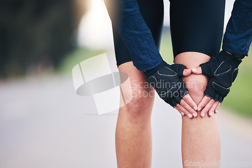 Image of Hands, knee pain and sports injury with woman in nature for running, training and workout. Emergency, accident and joint inflammation with female runner in outdoors for muscle, mockup and bruise