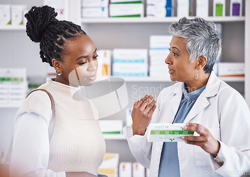 Image of Doctor, consulting and patient for healthcare medication, prescription or diagnosis for cure, illness or pain at pharmacy. Woman medical pharmacist talking to customer about pills or drugs at clinic