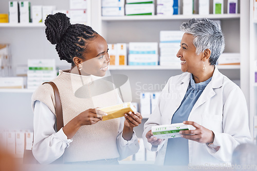 Image of Happy doctor, consulting and patient in pharmacy for healthcare prescription, medication or advice for illness or cure. Woman medical pharmacist talking to customer about pills or drugs at the clinic