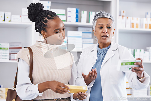 Image of Doctor, consulting and patient for healthcare drugs, medication or prescription for diagnosis, cure or illness at the pharmacy. Woman medical pharmacist talking to customer about pills at the clinic