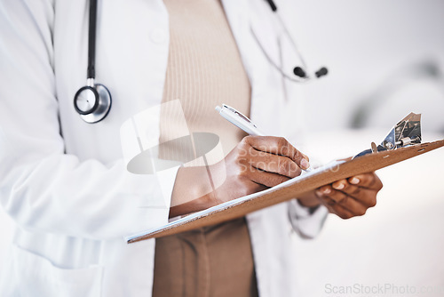 Image of Doctor, woman hands and clipboard with consultant contract and insurance agreement document. Hospital, clinic and healthcare worker with writing and paperwork for report and surgeon application