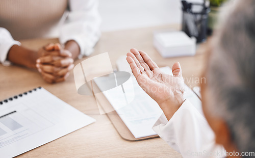 Image of Doctor talk, woman hands and clipboard with consultant contract and insurance agreement document. Hospital, clinic and healthcare worker with writing and patient report with communication and support