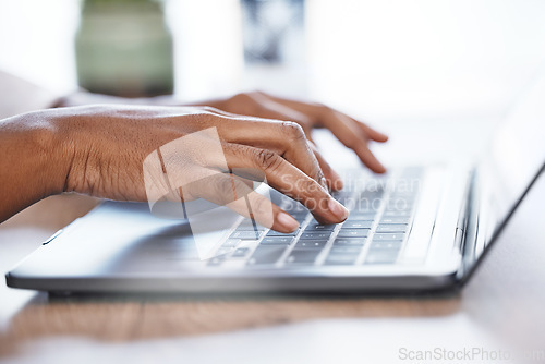 Image of Hands, laptop and typing in research, email or business proposal for schedule planning on office desk. Hand of person working on computer for communication, networking or social media at workplace